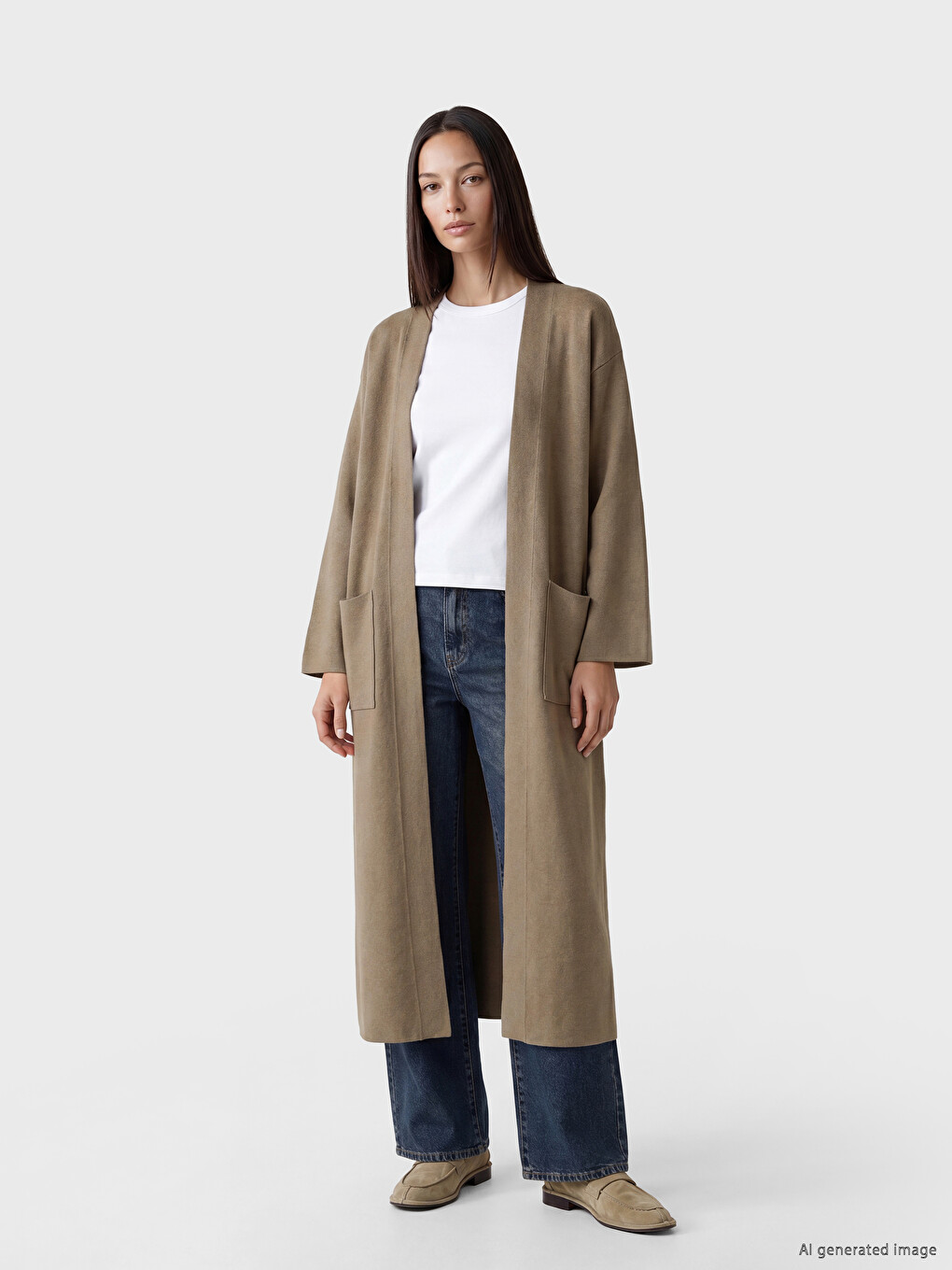 Kahverengi Şal Yaka Oversize Kadın Triko Hırka-1