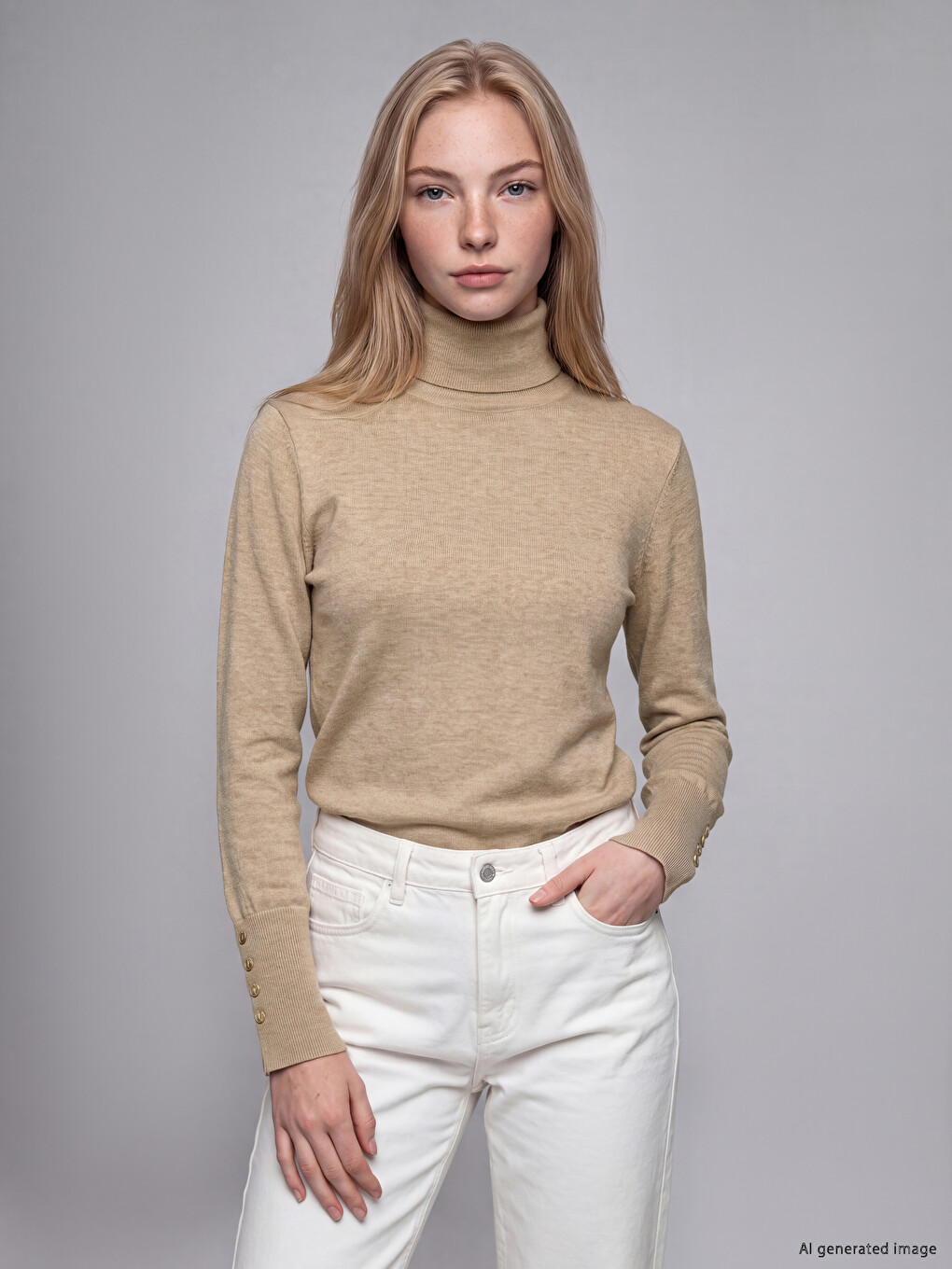 Cuff Buttoned Turtleneck Women's Knitwear Sweater
