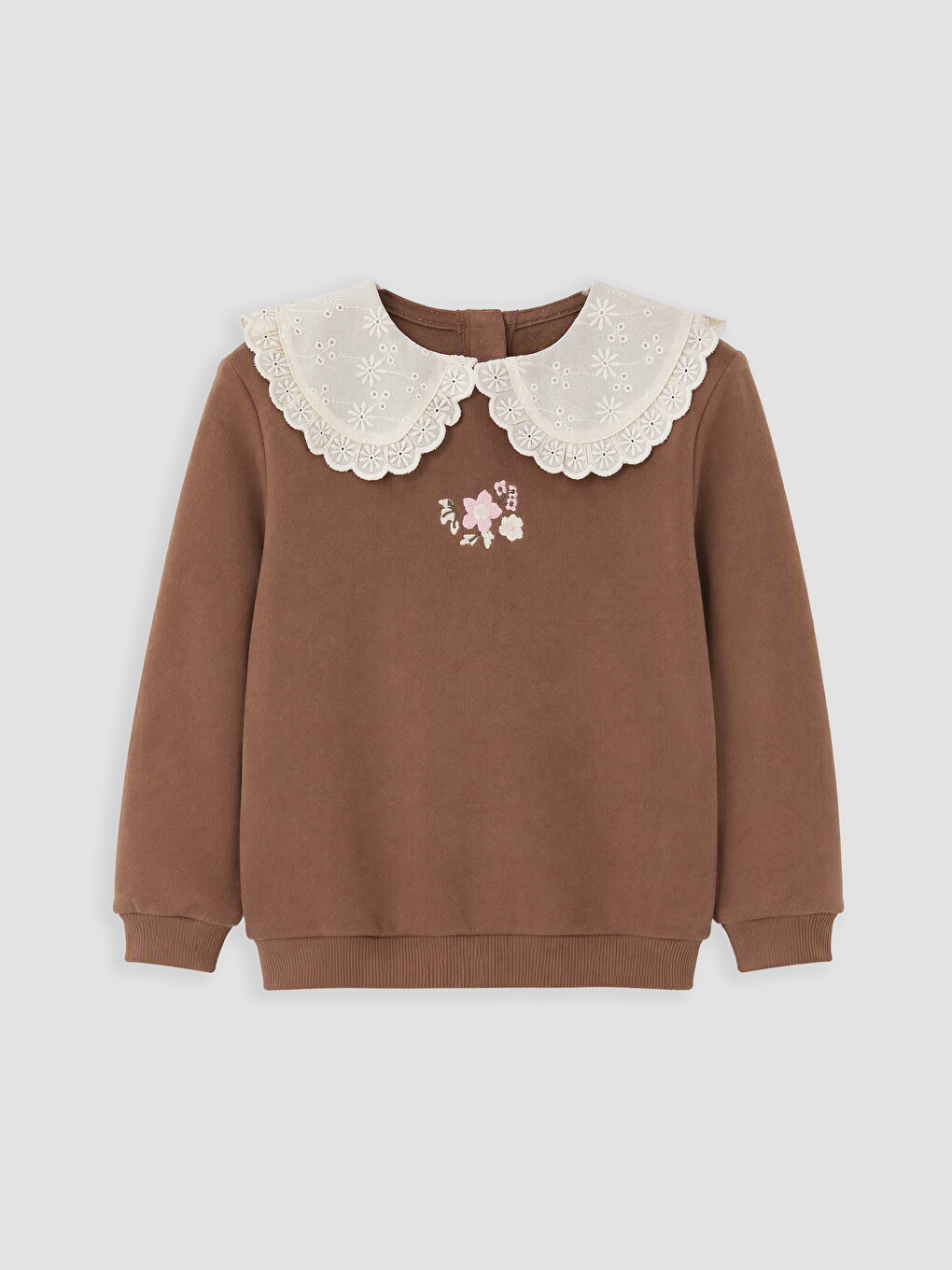 Kahverengi Bebe Yaka Nakışlı Kız Bebek Sweatshirt