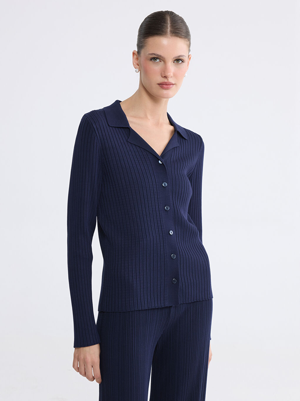 Lacivert Polo Yaka Kadın Triko Hırka