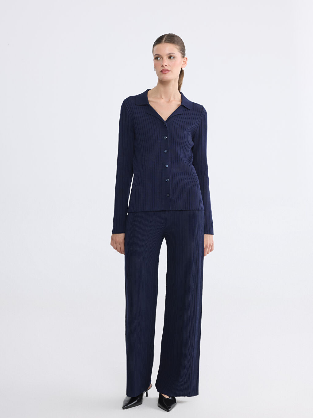 Lacivert Polo Yaka Kadın Triko Hırka-1