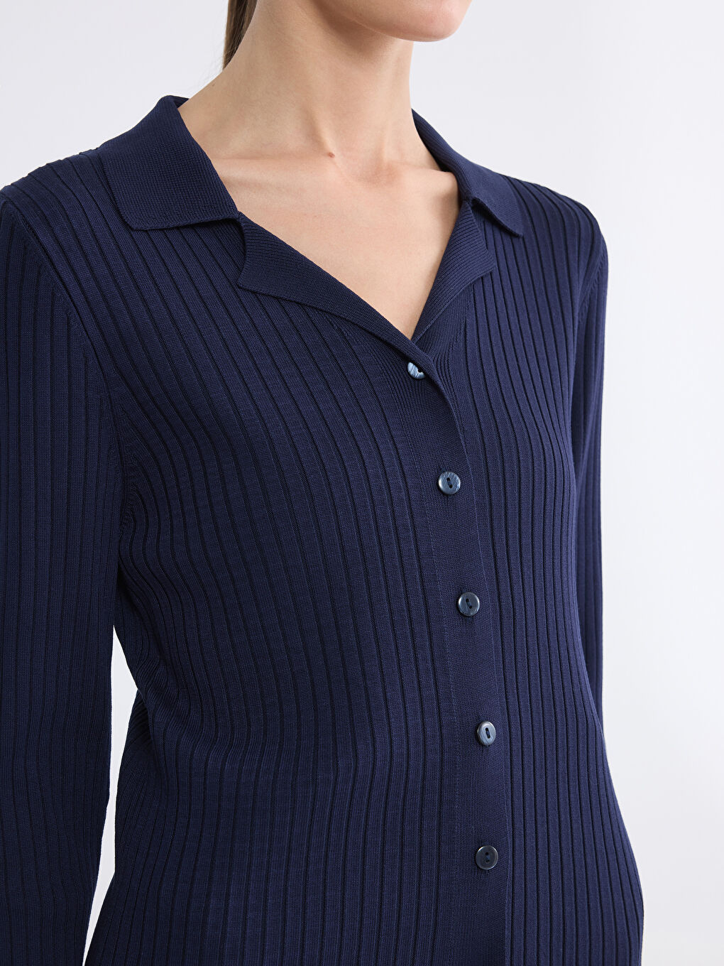 Lacivert Polo Yaka Kadın Triko Hırka-2