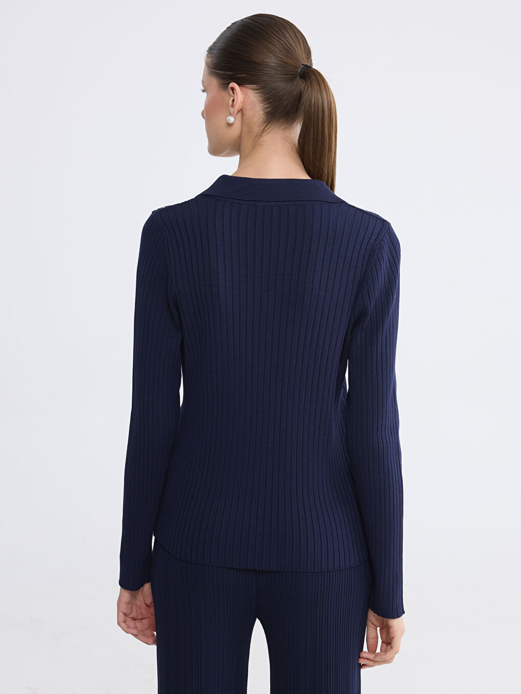 Lacivert Polo Yaka Kadın Triko Hırka-3