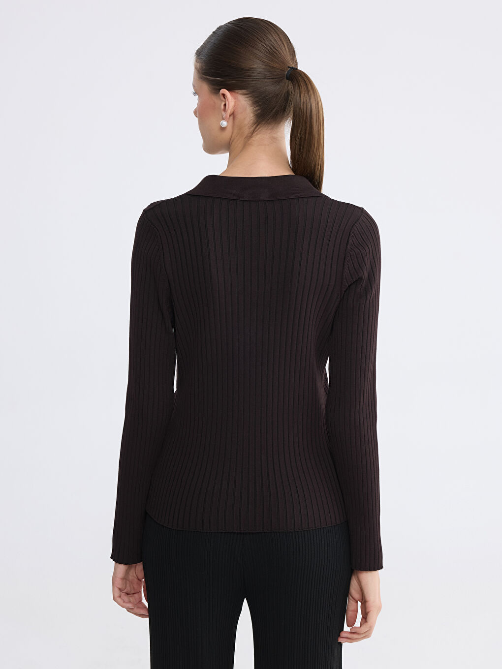 Kahverengi Polo Yaka Kadın Triko Hırka-3