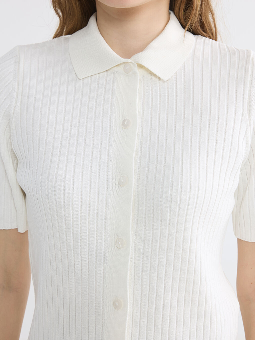 Ekru Polo Yaka Kadın Triko Hırka-2