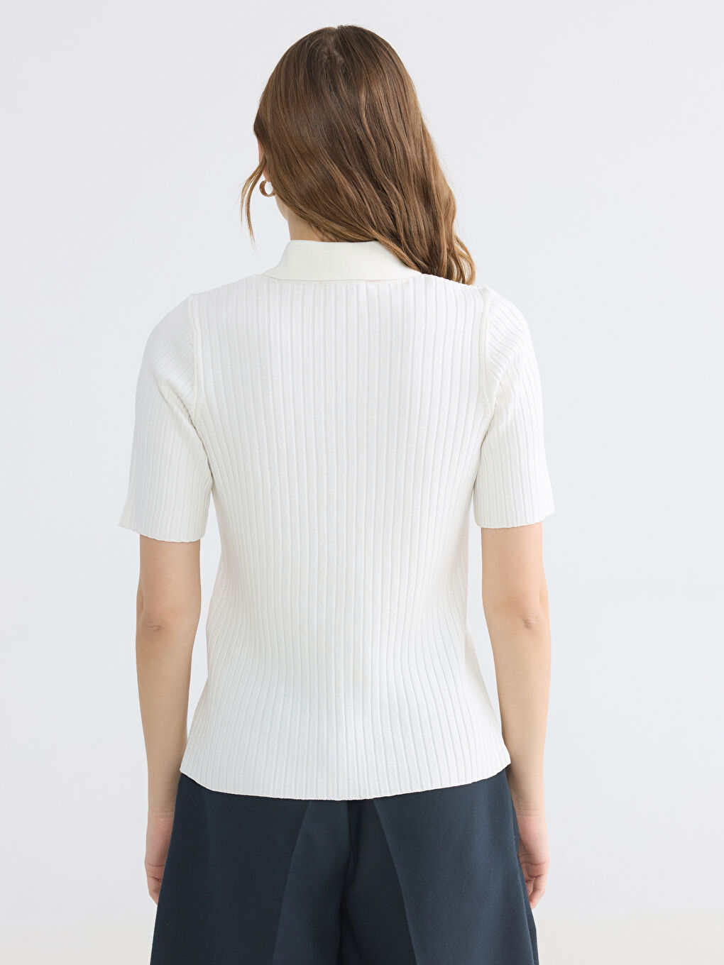 Ekru Polo Yaka Kadın Triko Hırka-3