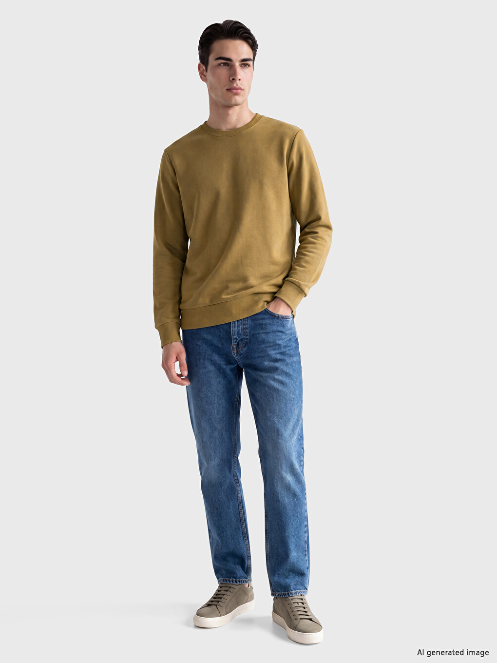 Sarı Bisiklet Yaka Erkek Kalın Sweatshirt-1
