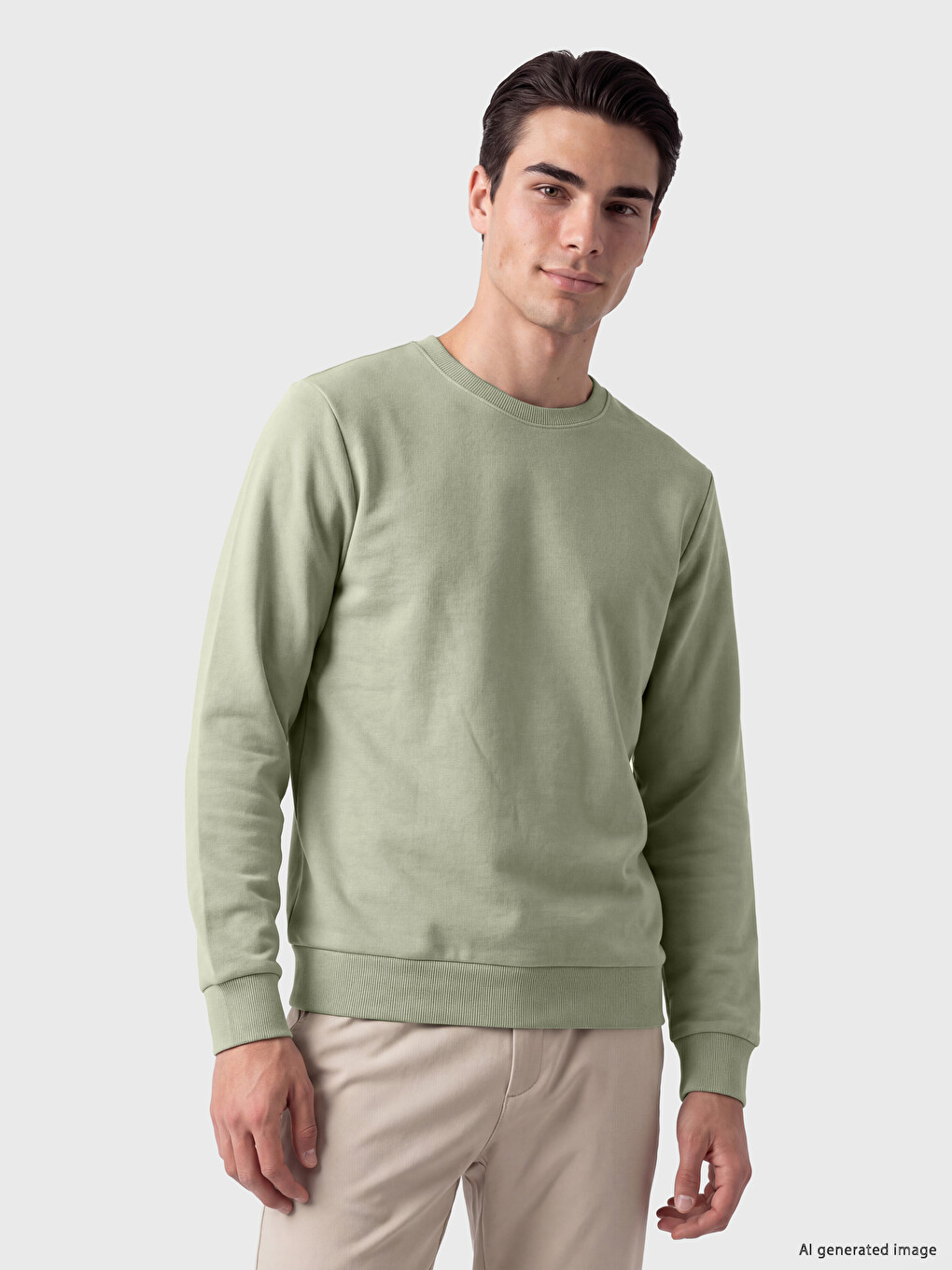 Yeşil Bisiklet Yaka Erkek Kalın Sweatshirt