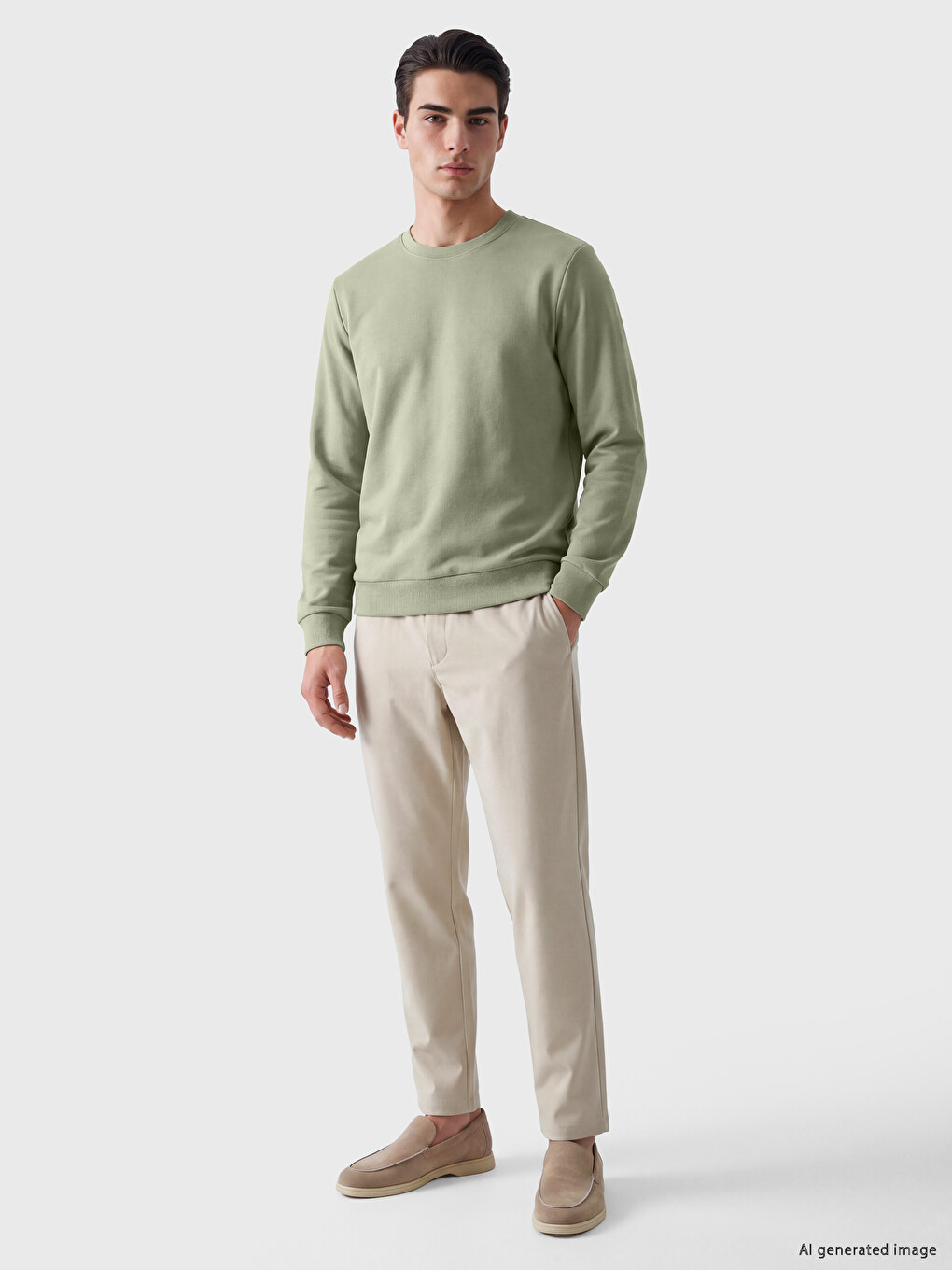 Yeşil Bisiklet Yaka Erkek Kalın Sweatshirt-1