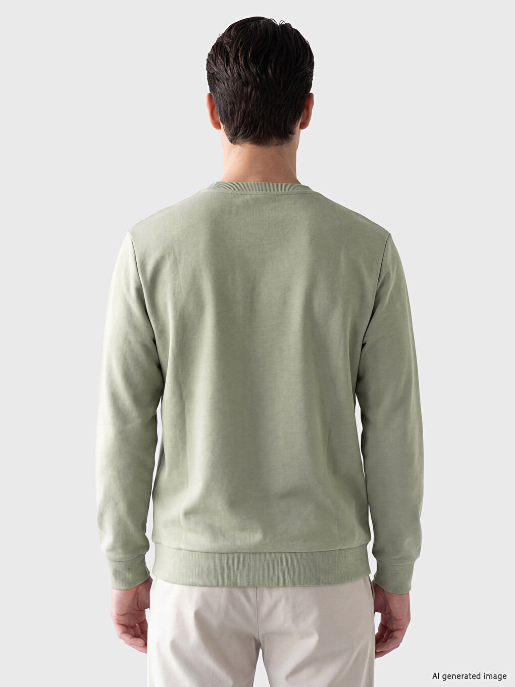 Yeşil Bisiklet Yaka Erkek Kalın Sweatshirt-2
