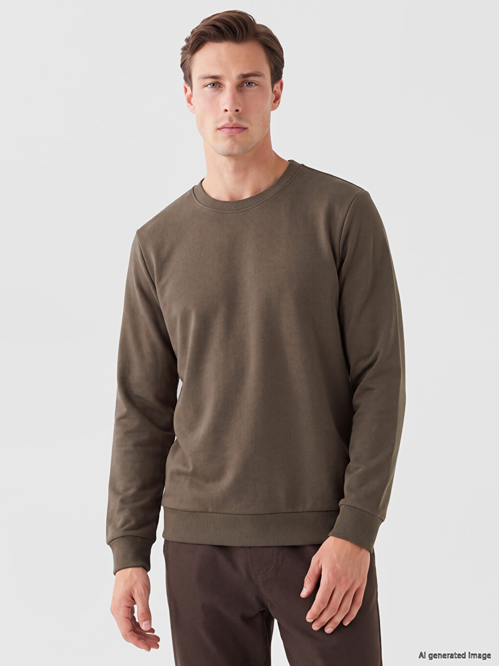 Kahverengi Bisiklet Yaka Erkek Kalın Sweatshirt