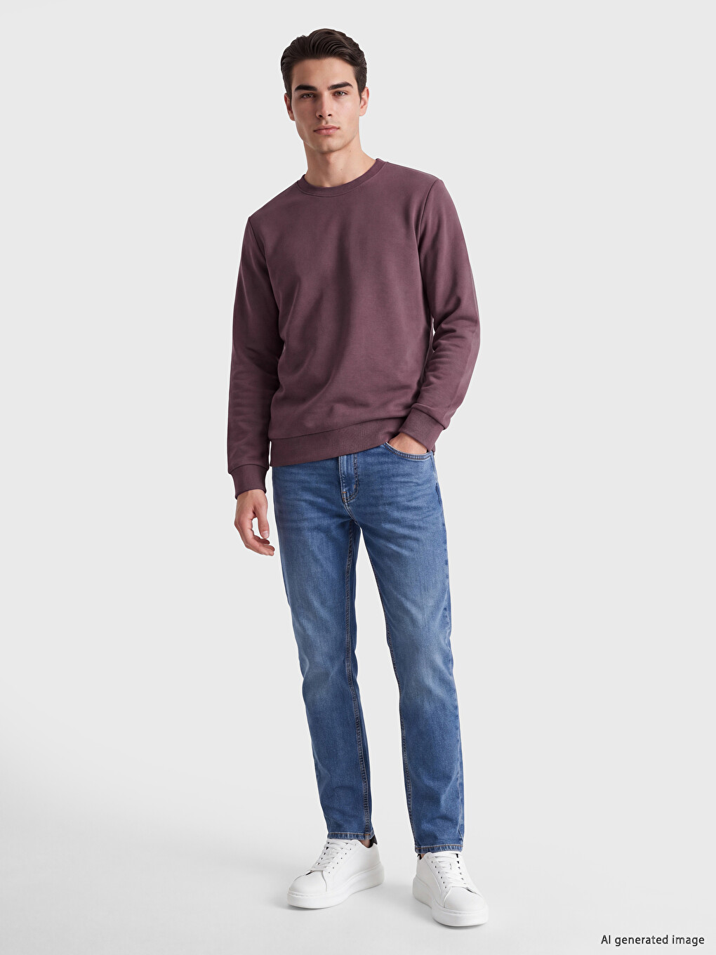 Mürdüm Bisiklet Yaka Erkek Kalın Sweatshirt-1