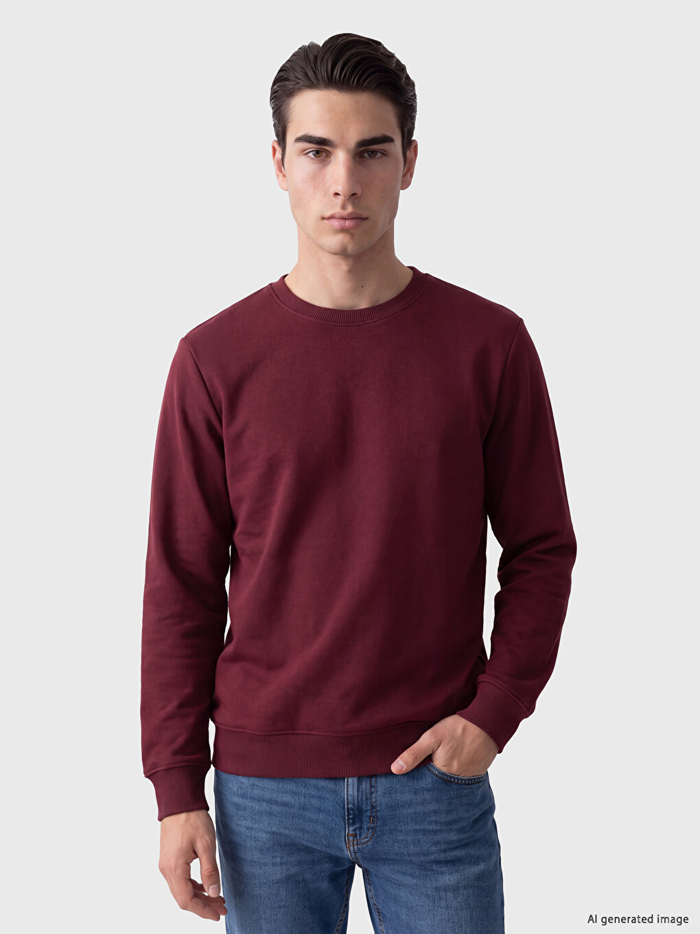 Bordo Bisiklet Yaka Erkek Kalın Sweatshirt