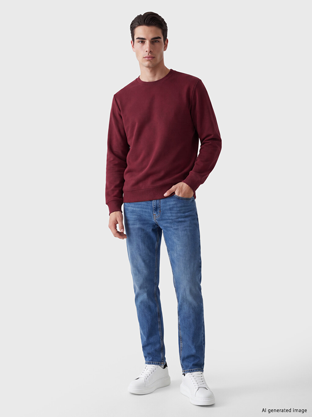 Bordo Bisiklet Yaka Erkek Kalın Sweatshirt-1