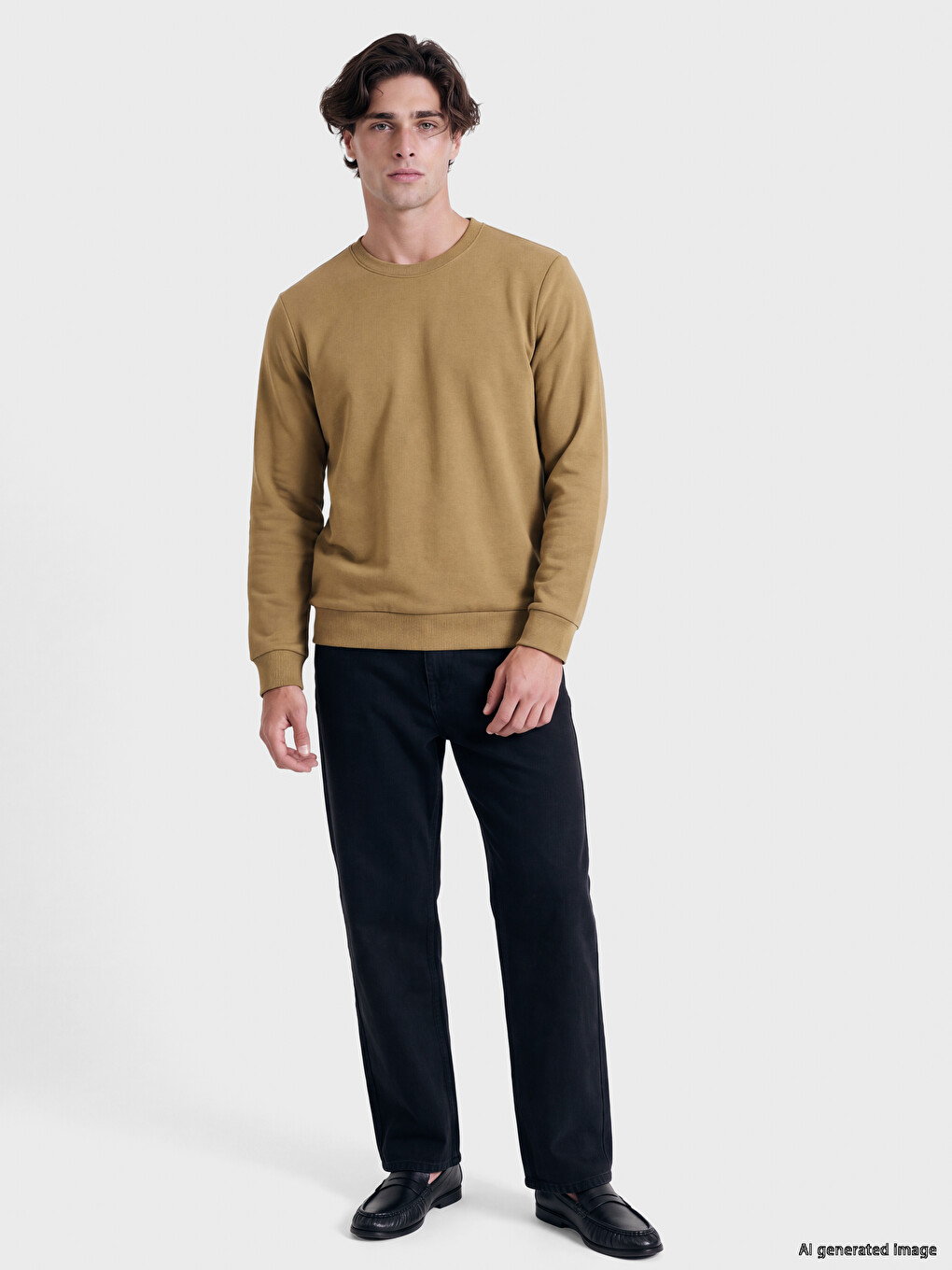 Sarı Bisiklet Yaka Erkek Kalın Sweatshirt-1