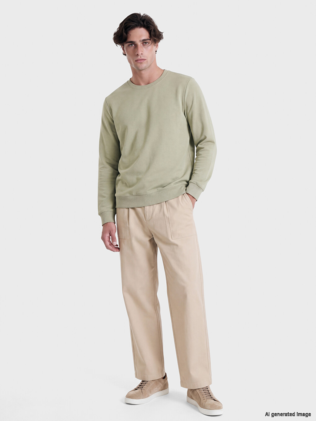 Yeşil Bisiklet Yaka Erkek Kalın Sweatshirt-1