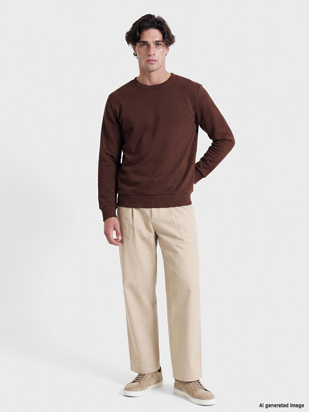 Kahverengi Bisiklet Yaka Erkek Kalın Sweatshirt-2