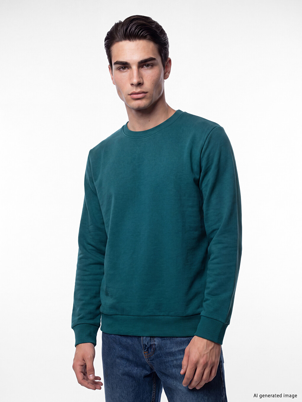 Petrol Bisiklet Yaka Erkek Kalın Sweatshirt