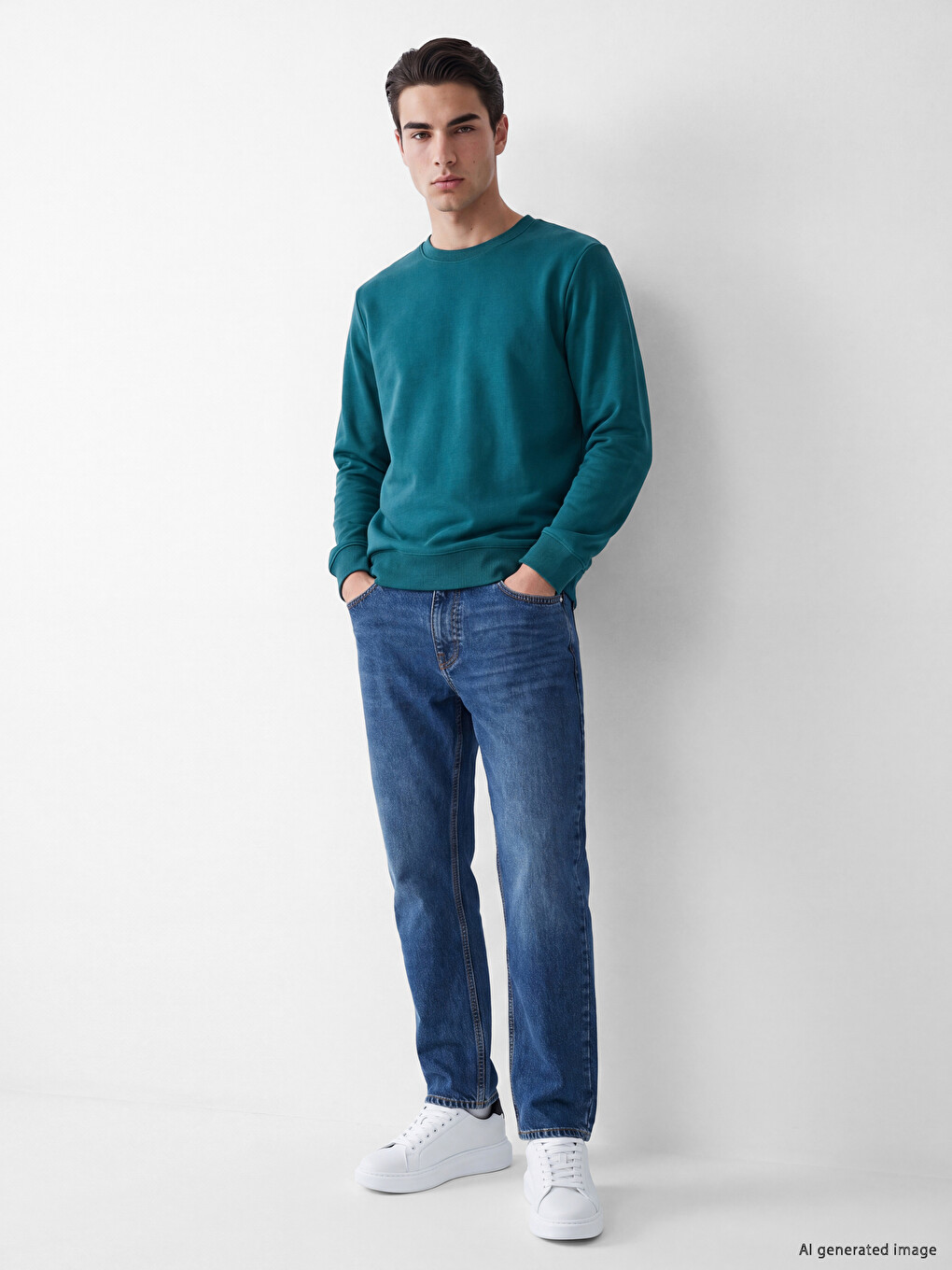 Petrol Bisiklet Yaka Erkek Kalın Sweatshirt-1