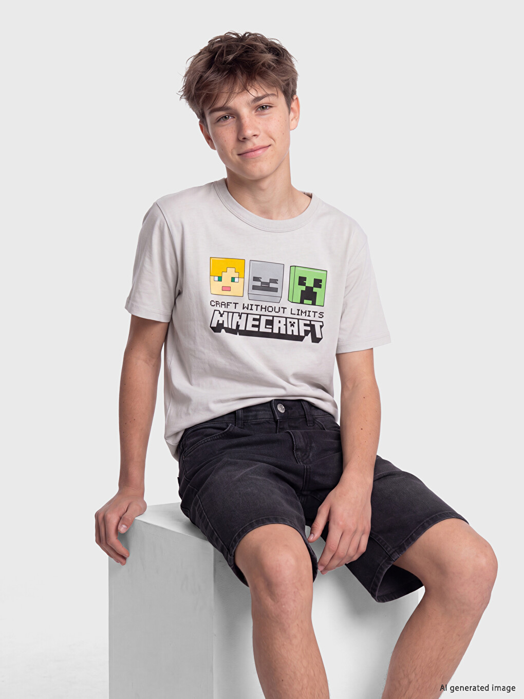 Bej Minecraft Baskılı Erkek Çocuk Tişört