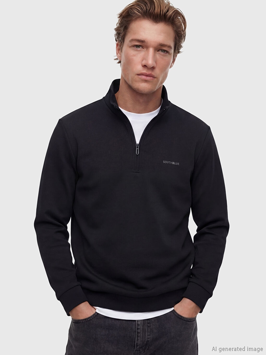 Siyah  Dik Yaka Erkek Sweatshirt