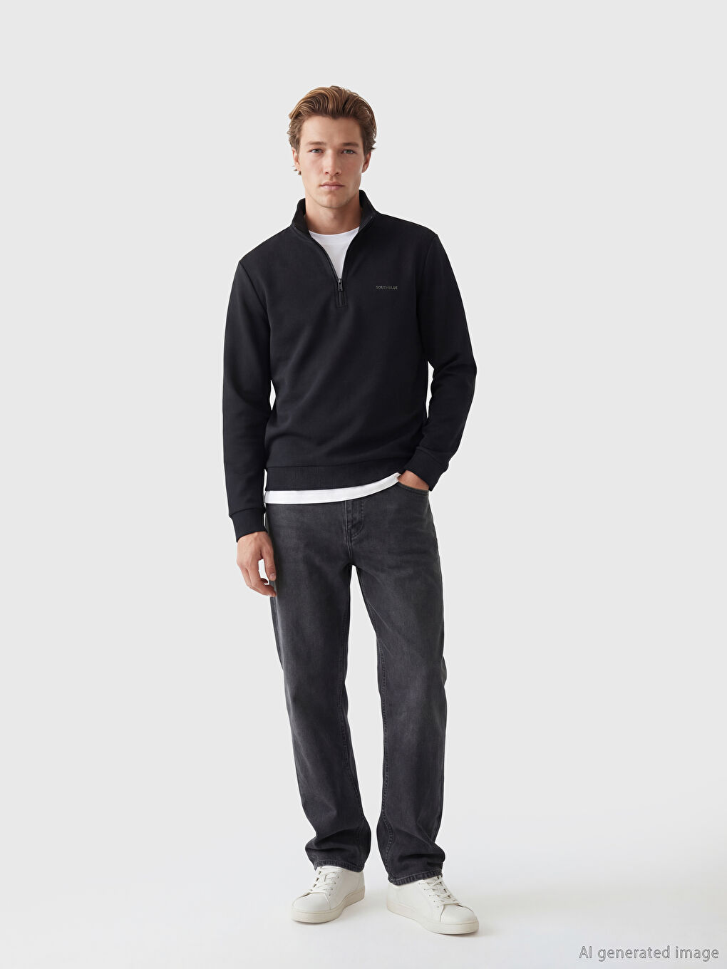 Siyah  Dik Yaka Erkek Sweatshirt-1