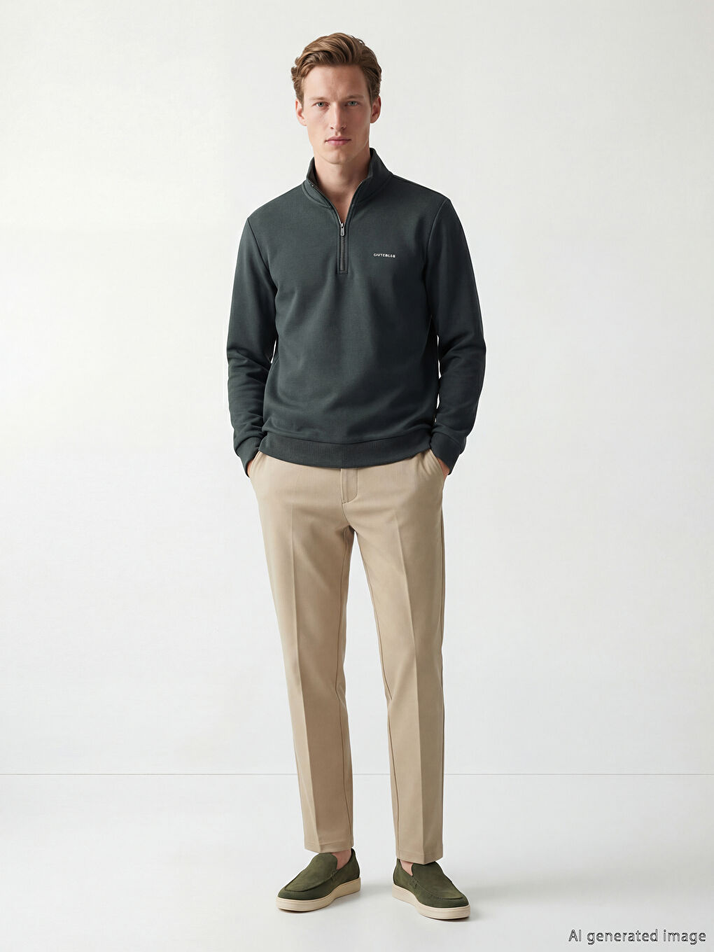 Gri  Dik Yaka Erkek Sweatshirt-1