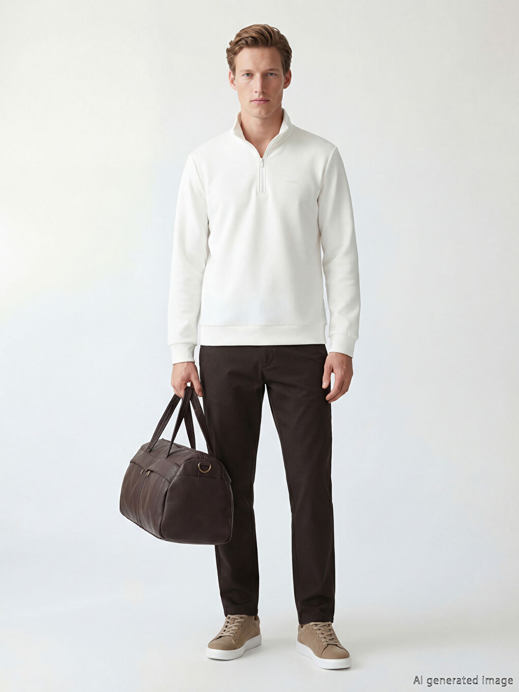 Beyaz  Dik Yaka Erkek Sweatshirt-1