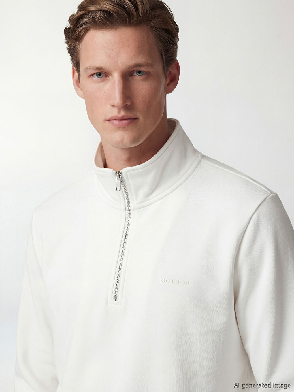 Beyaz  Dik Yaka Erkek Sweatshirt-2