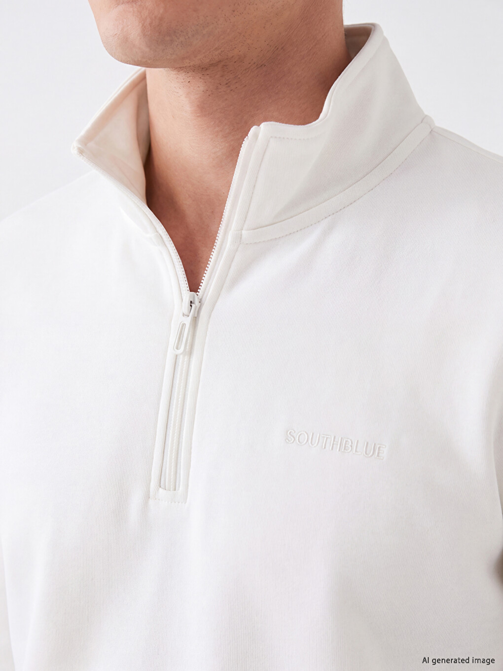 Beyaz Dik Yaka Erkek Sweatshirt-2