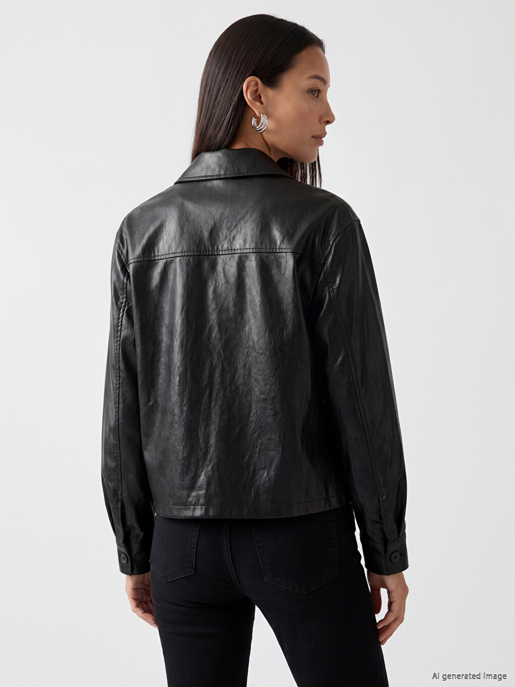 Collared Neck Women's Faux Leather Jacket-2