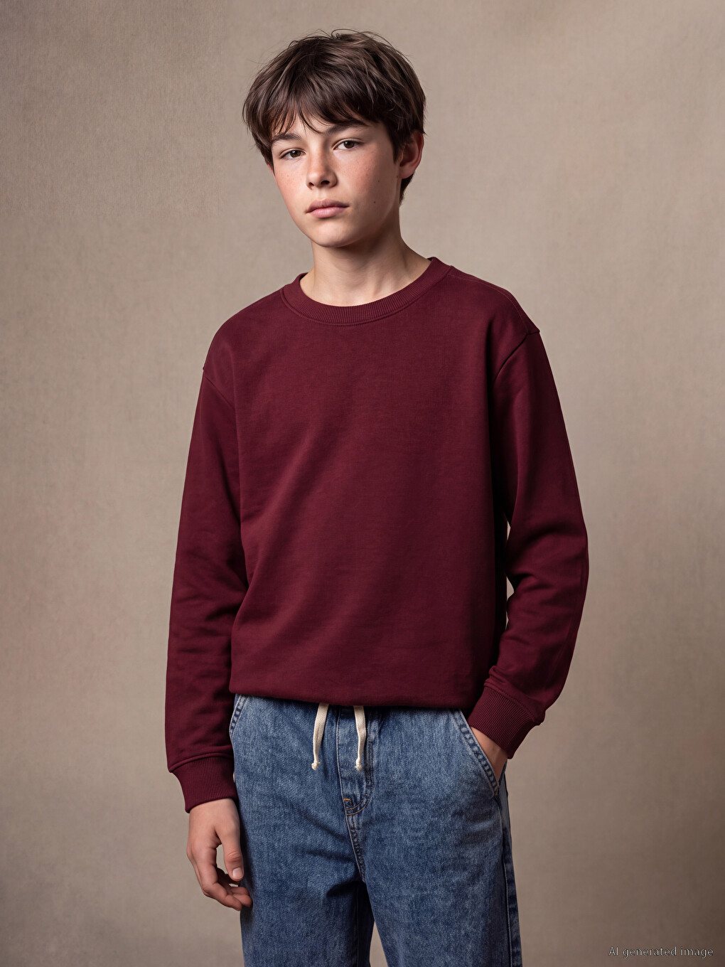 Bordo Bisiklet Yaka Erkek Çocuk Kalın Sweatshirt