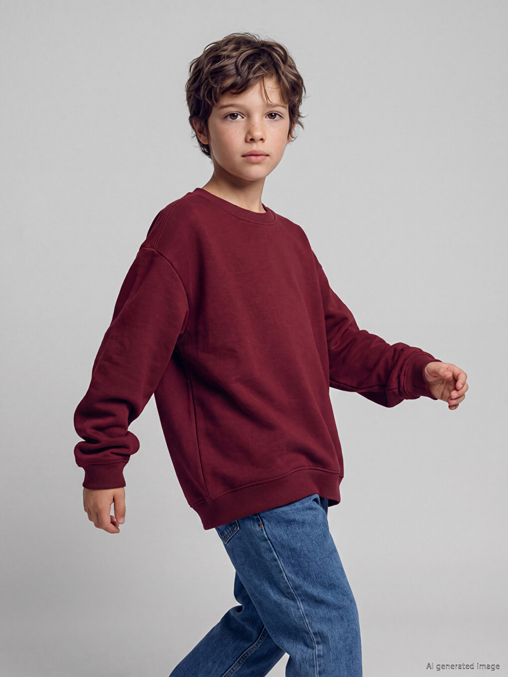 Bordo Bisiklet Yaka Erkek Çocuk Kalın Sweatshirt-1