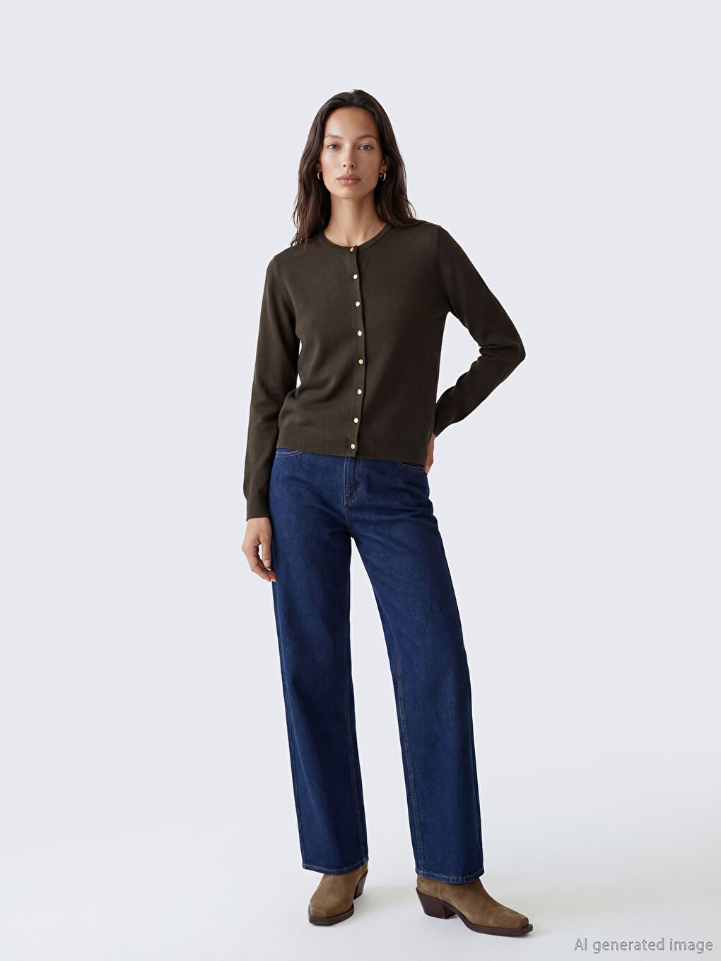 Kahverengi Bisiklet Yaka Kadın Triko Hırka-1