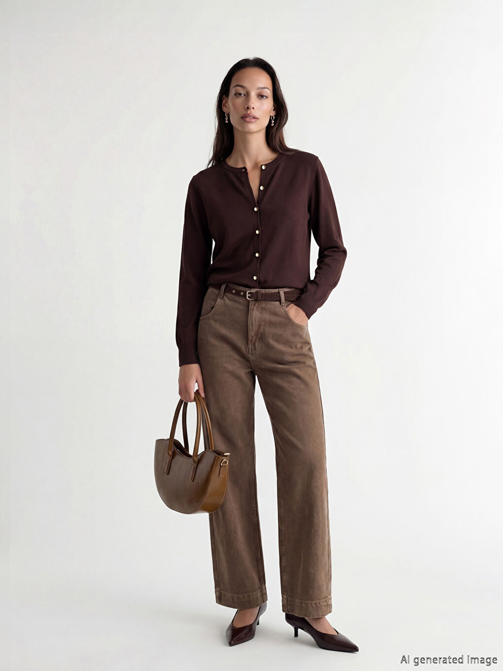 Kahverengi Bisiklet Yaka Kadın Triko Hırka-1