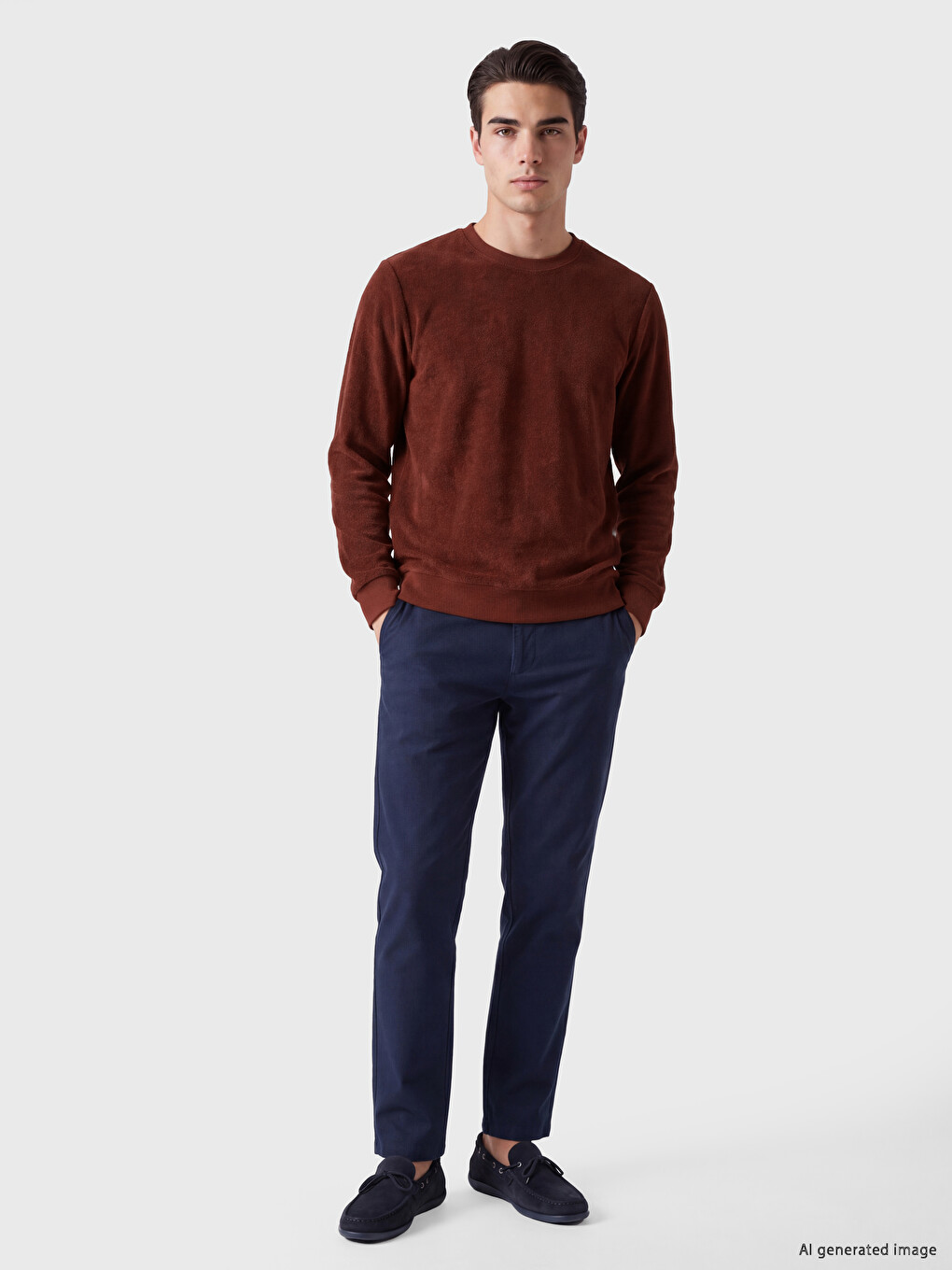 Kahverengi Bisiklet Yaka Erkek Sweatshirt-1