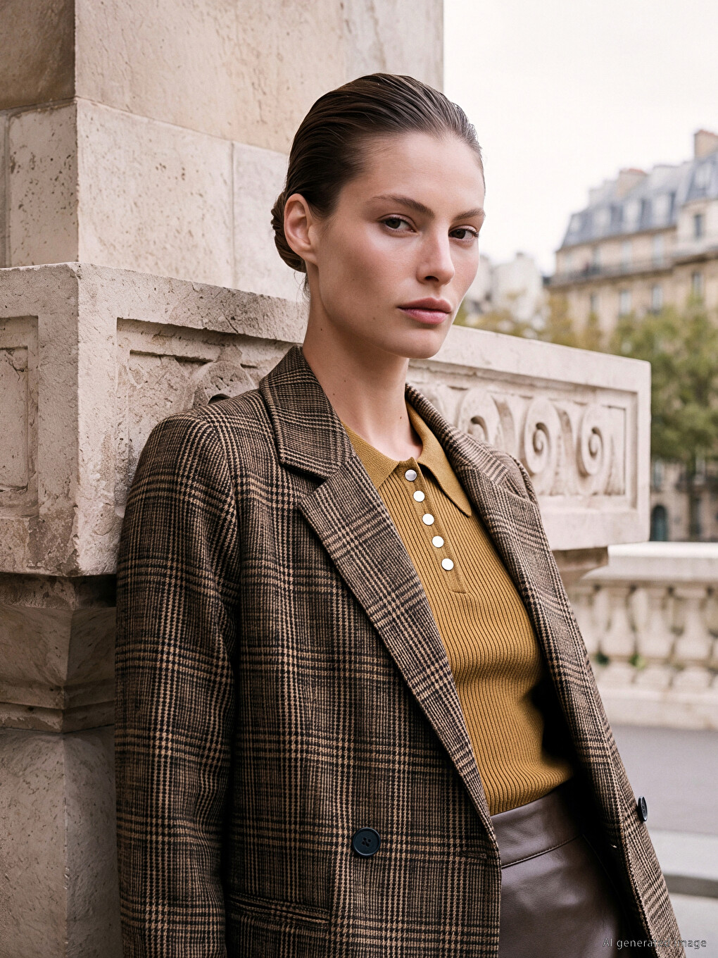 Double Breasted Collar Plaid Women's Blazer Jacket-1