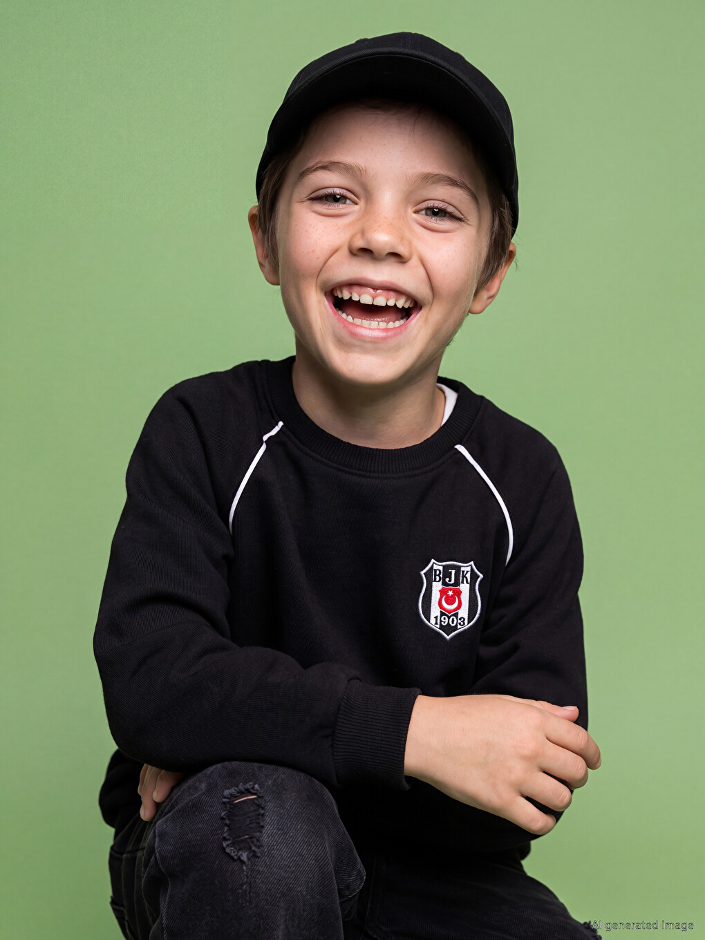 Siyah Bisiklet Yaka Beşiktaş Nakışlı Erkek Çocuk Sweatshirt