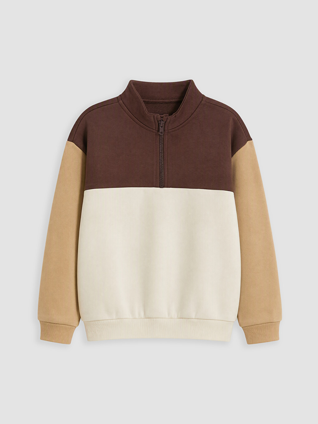 Kahverengi Renk Bloklu Erkek Çocuk Kalın Sweatshirt