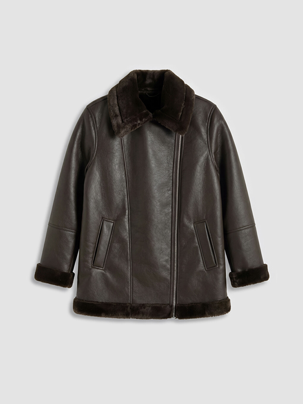 Fur Collar Women's Leather Look Coat-4