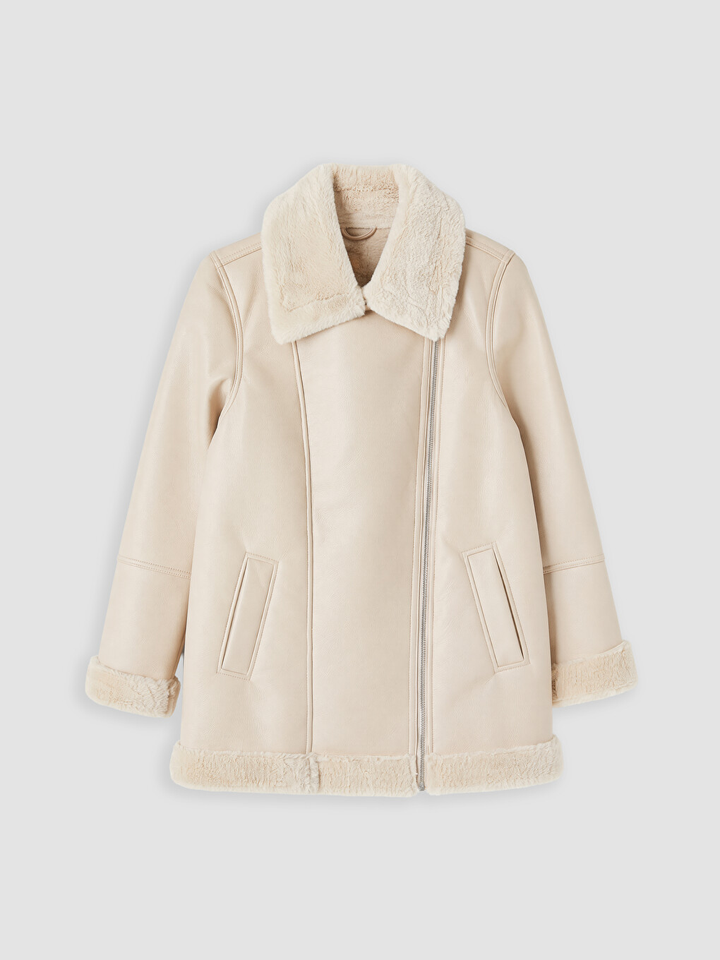 Fur Collar Women's Leather Look Coat-5