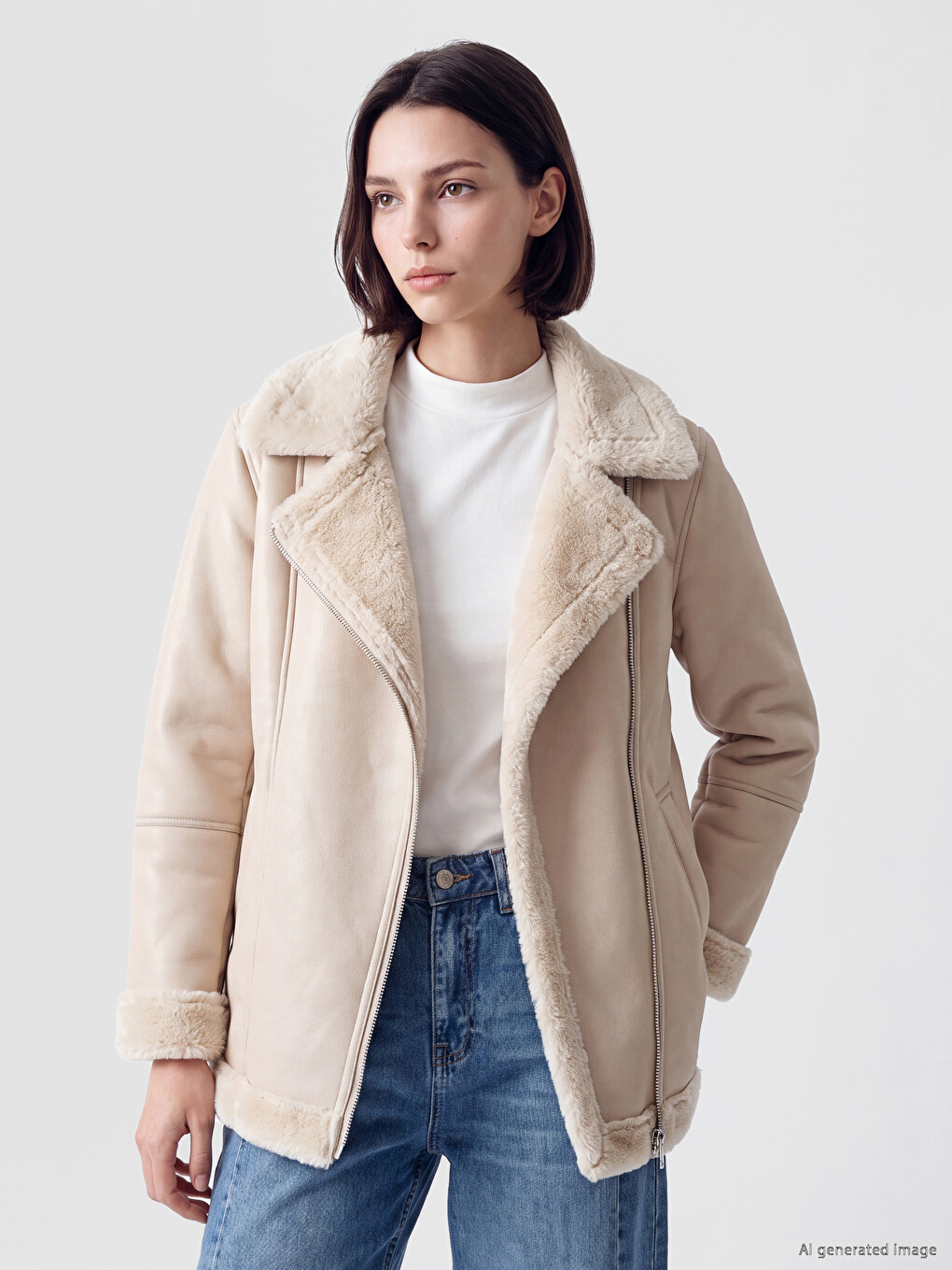 Fur Collar Women's Leather Look Coat