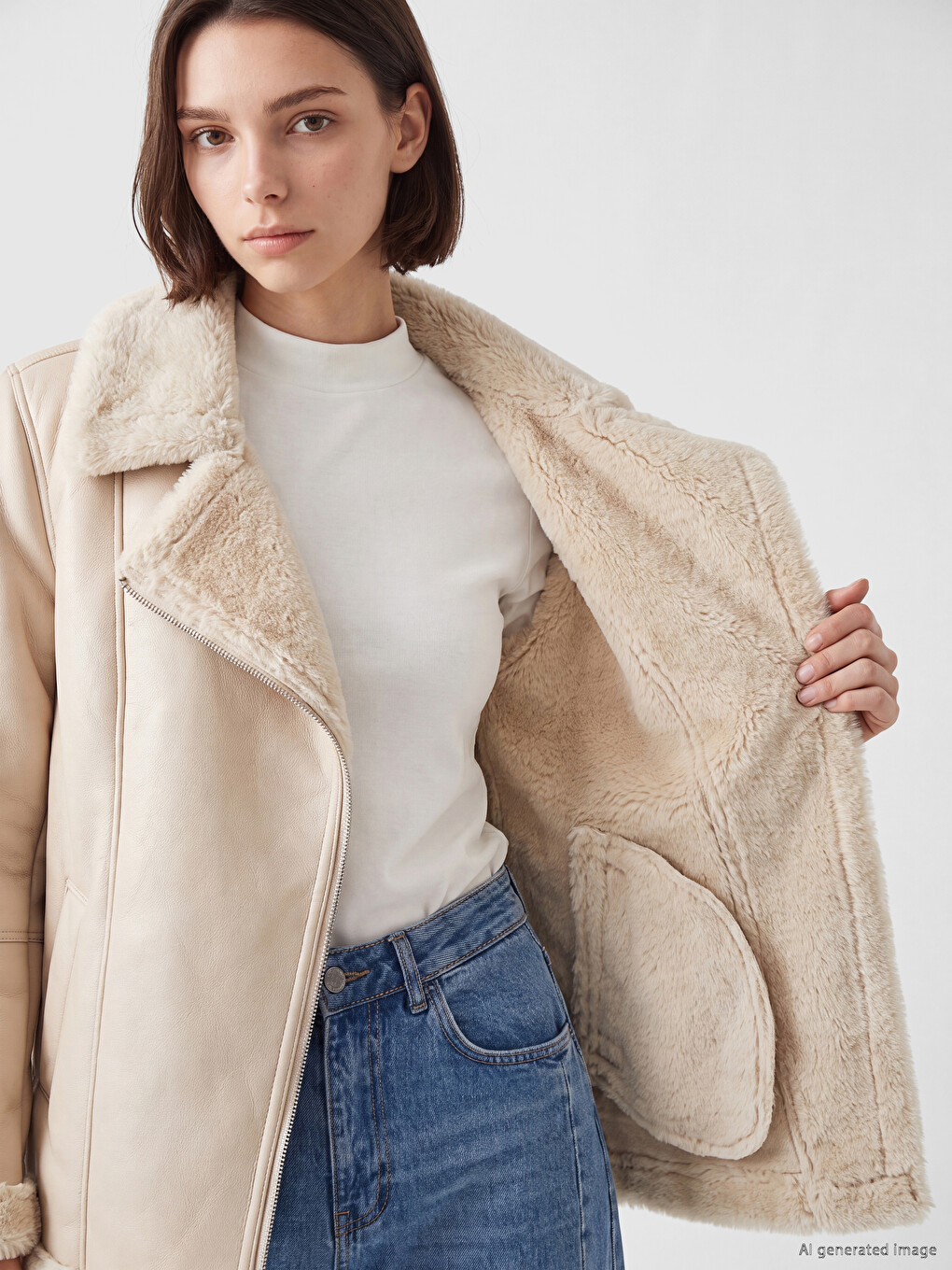 Fur Collar Women's Leather Look Coat-3