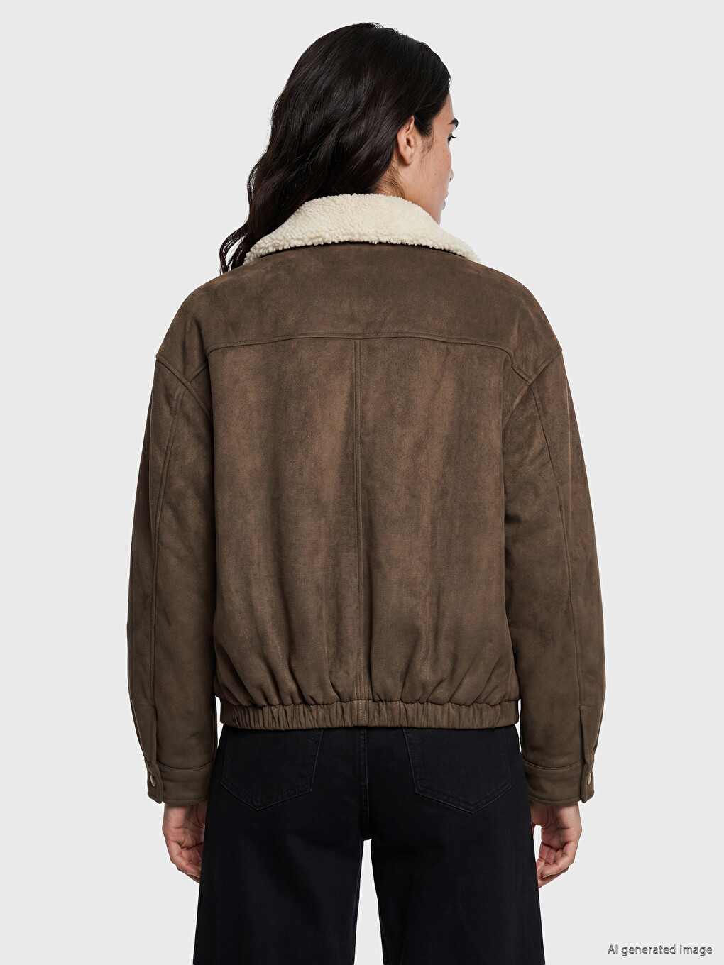Bej Kürk Yaka Oversize Kadın Süet Görünümlü Ceket-4
