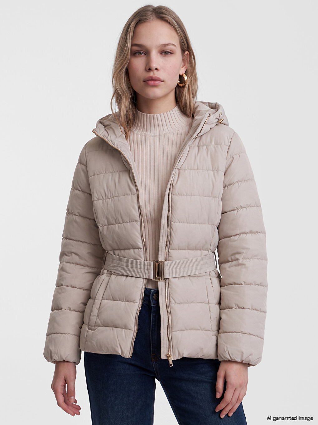 Woman Beige Puffer Coat