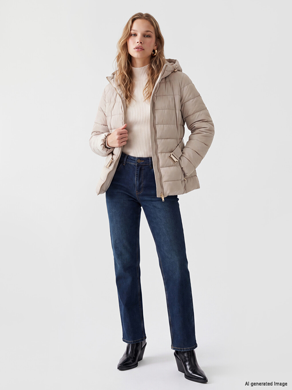 Woman Beige Puffer Coat-1