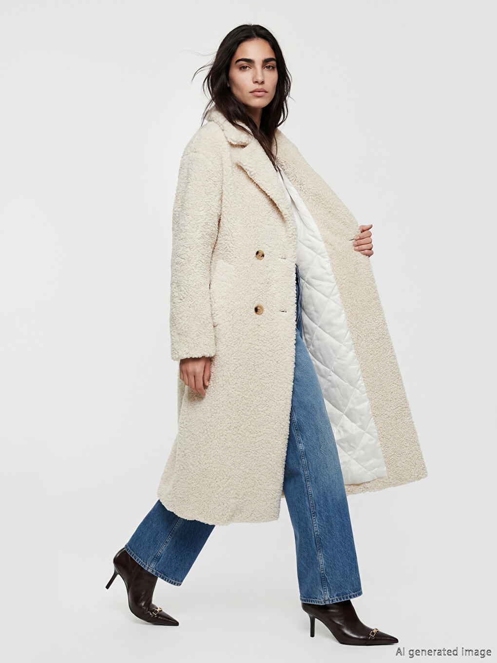 Woman Ecru Faux Fur Coat-2