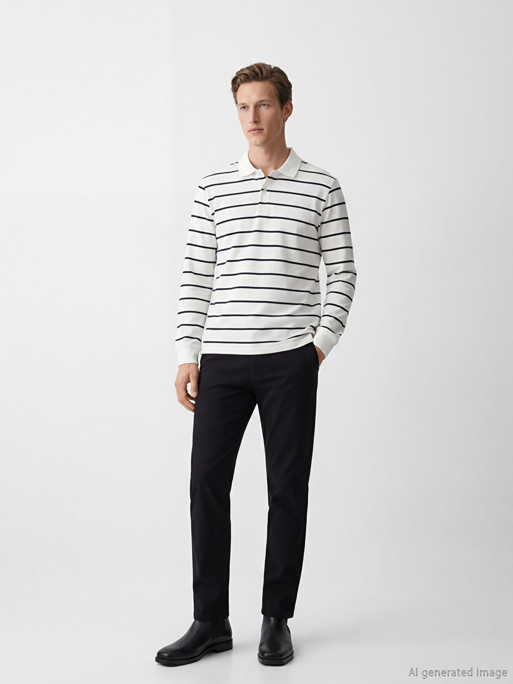 Beyaz Polo Yaka Çizgili Erkek Sweatshirt-1