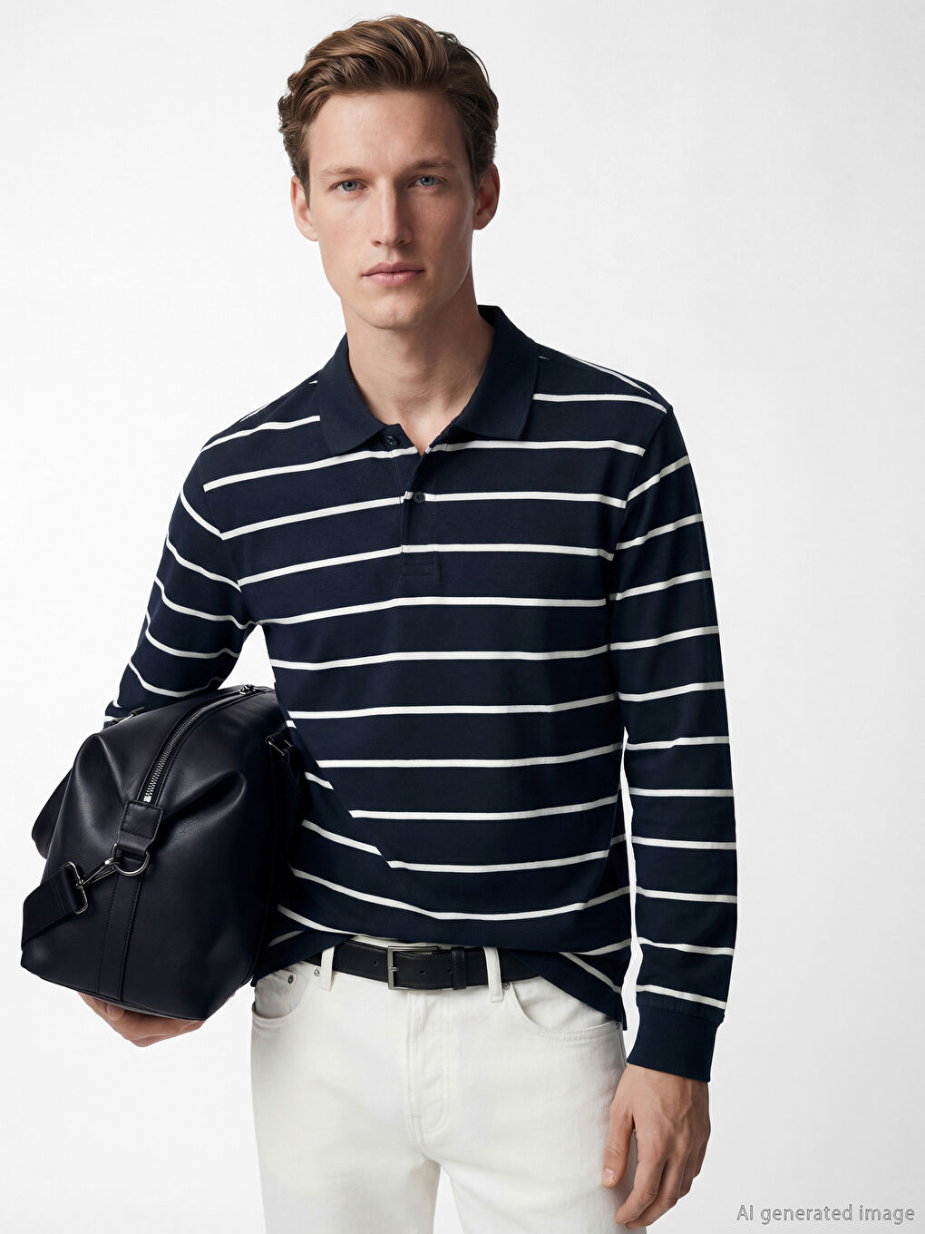 Lacivert Polo Yaka Çizgili Erkek Sweatshirt