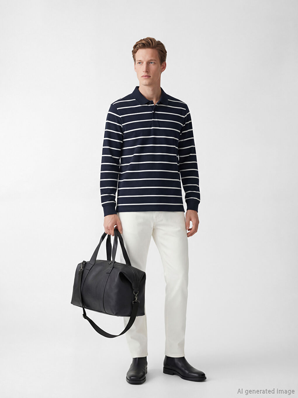 Lacivert Polo Yaka Çizgili Erkek Sweatshirt-1